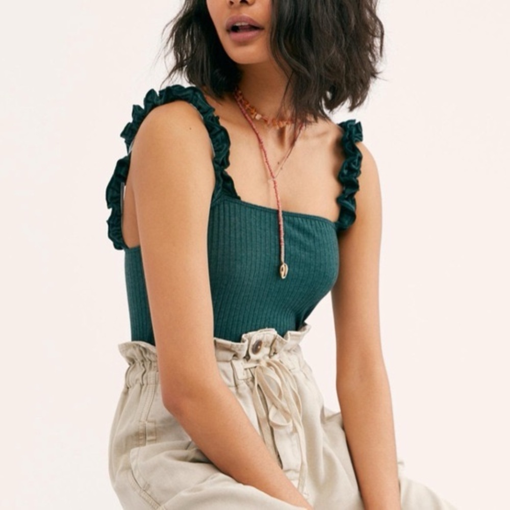 Free People Lucca Couture Yuma Ruffle Strap Bodysuit in Hunter Green